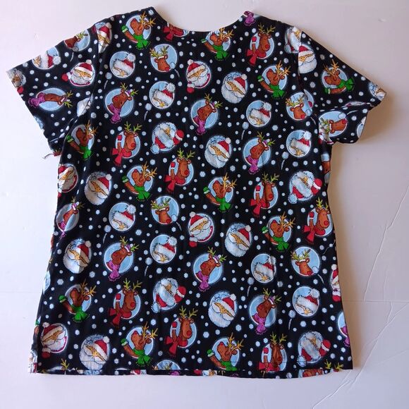 Tafford Christmas Scrub Top Black Women's Santa Claus Reindeers Snow Large - Picture 8 of 10
